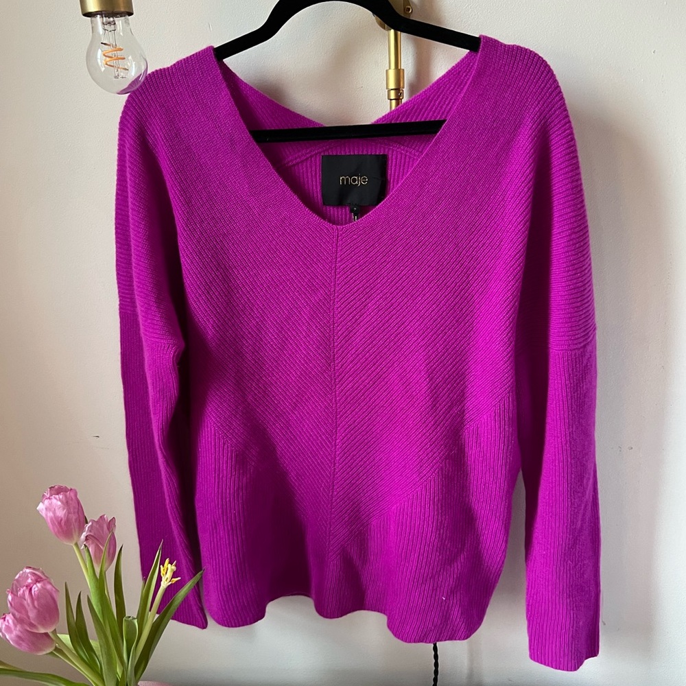 Maje Purple Madina Ribbed Cashmere V - Neck Sweater